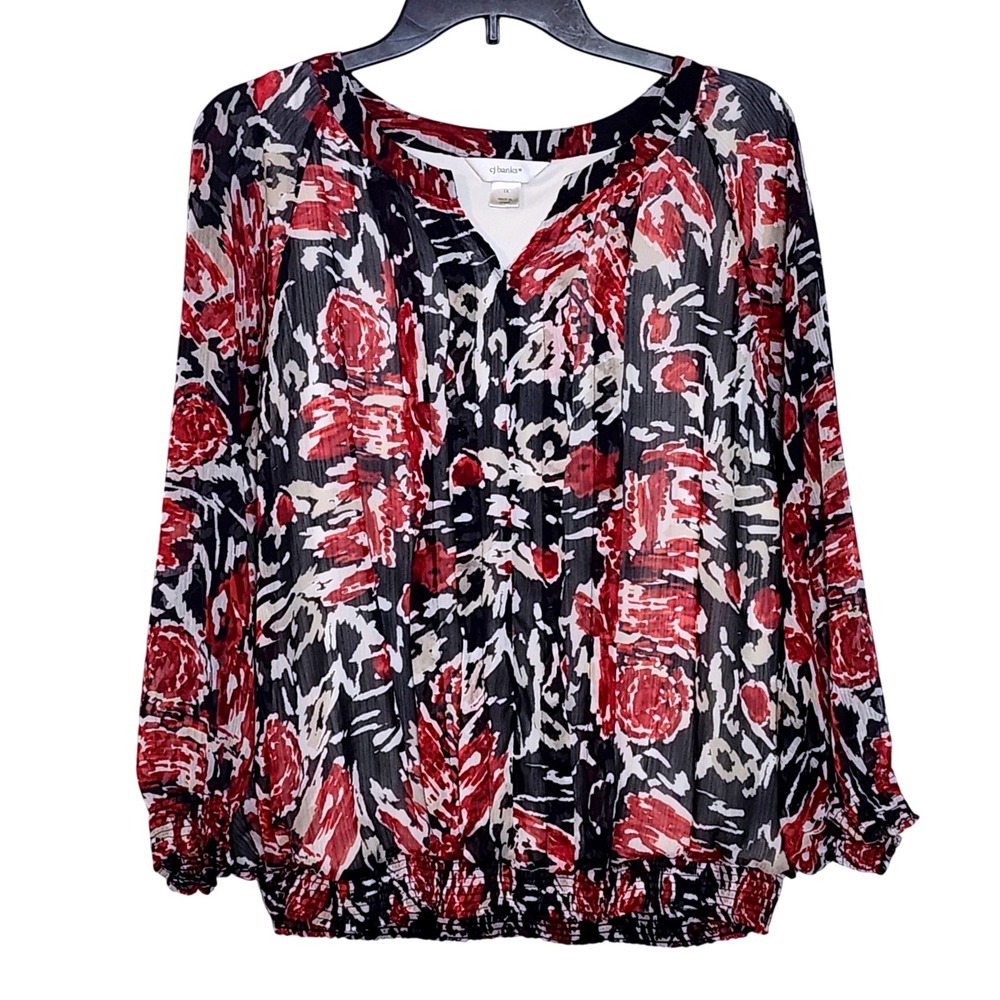 CJ Banks Blouse Top Floral Print 3/4 Sleeve Sheer Red Black Womens 1X